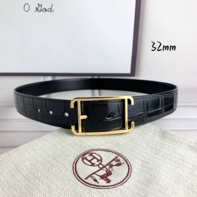 HermèS 爱马仕针扣皮带 原单品质 头层牛皮 黑色鳄鱼纹搭配黑色平纹 32Mm宽 双面可用 配官网H亮金扣