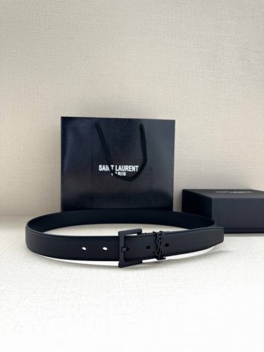 特 宽度3.0Cm Saint Laurent圣罗兰ysl Monogram 荔枝纹压印皮革方扣窄腰带黑色女款
