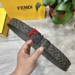 Fendi芬迪专柜同款 宽4.0Cm 双环正反用腰带 Ff按钉搭扣 灰色Cuoio Romano皮革材质 反面面料带有烟草黄和黑色Ff图案 四方金属饰面 时尚经