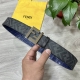 p190 Fendi（芬迪）专柜同款 宽4.0Cm 双环正反用腰带 Ff按钉搭扣 蓝色Cuoio Romano皮革材质 反面面料带有烟草黄和黑色Ff图案 四方金