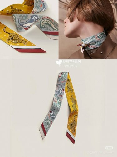 爱马仕Hermes“猎豹Bandana”Twilly小丝巾 Twilly真丝缎带 100%桑蚕丝 。 这款小巧的真丝配饰佩戴方式千变万化，可为您的日常造型增添灵