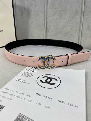 特 宽度3.0Cm Chanel 香奈儿 女士腰带皮带新款柔软的进口小牛皮金 银色方钻金属钢扣。