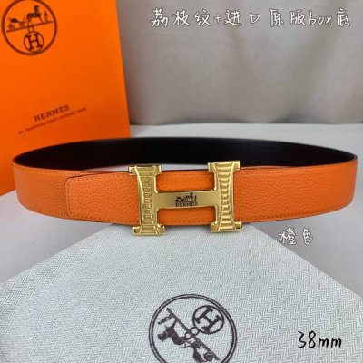 HermèS爱马仕 双头尖 双面原版 原单品质 进口头层牛皮 橙色荔枝纹搭配黑色平纹 寸半38Mm 配优质纯钢H 花纹金 银扣