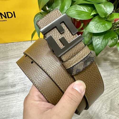 图片包装＋10 Fendi 芬迪 专柜同款 宽4.0Cm 双环正反用腰带 Ff按钉搭扣 咖啡色Cuoio Romano皮革材质 反面面料带有烟草黄和黑色Ff图案