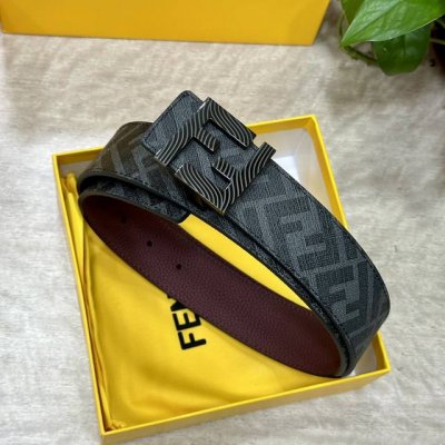Fendi 芬迪 专柜同款 宽4.0Cm 双环正反用腰带 Ff按钉搭扣 酒红色Cuoio Romano皮革材质 反面面料带有烟草黄和黑色Ff图案 四方金属饰面