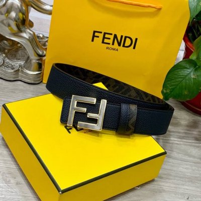 Fendi芬迪专柜同款 宽4.0Cm 双环正反用腰带 Ff按钉搭扣 Cuoio Romano皮革材质 反面面料带有烟草黄和黑色Ff图案 黑色珐琅金属饰面 时尚经