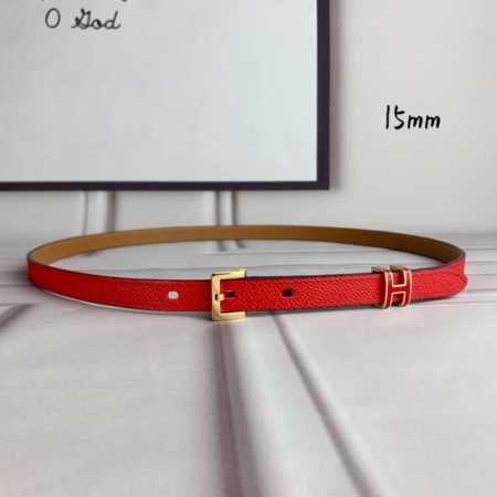 特 Hermès 爱马仕 女款针扣皮带 原单品质 进口头层牛皮 红色手掌纹面搭配土黄色原版底 15Mm宽 配精品金 银钢扣 - 点击图像关闭