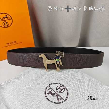 特 HermèS爱马仕 双头尖 双面原版 原单品质 进口头层牛皮 咖啡色 荔枝纹搭配黑色平纹 寸半38Mm 配官网新款H金 银扣 - 点击图像关闭