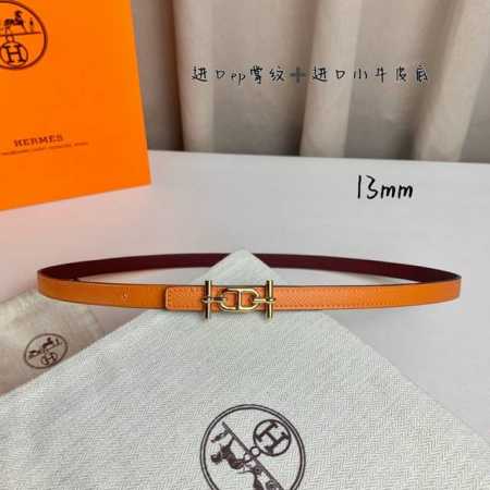 HermèS 爱马仕女款细腰带 原单品质 原版进口E手掌纹配进口小牛皮底 双面可用 橙色酒红色 13Mm宽 搭配H亮金 银扣 - 点击图像关闭