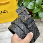 图片包装＋10 Fendi 芬迪 专柜同款 宽4.0Cm 双环正反用腰带 Ff按钉搭扣 黑色Cuoio Romano皮革材质 反面面料带有烟草灰和黑色Ff图案
