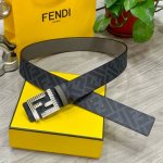 Fendi芬迪专柜同款 宽4.0Cm 双环正反用腰带 Ff按钉搭扣 灰色Cuoio Romano皮革材质 反面面料带有烟草灰和黑色Ff图案 黑色珐琅金属饰面 时
