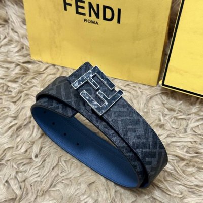 图片包装＋10 Fendi 芬迪 专柜同款 宽4.0Cm 双环正反用腰带 Ff按钉搭扣 浅兰色Cuoio Romano皮革材质 反面面料带有烟草黄和黑色Ff图案