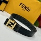 特 Fendi芬迪专柜同款 宽4.0Cm 双环正反用腰带 Ff按钉搭扣 黑色Cuoio Romano皮革材质 反面面料带有烟草黄和黑色Ff图案 四方金属饰面 时