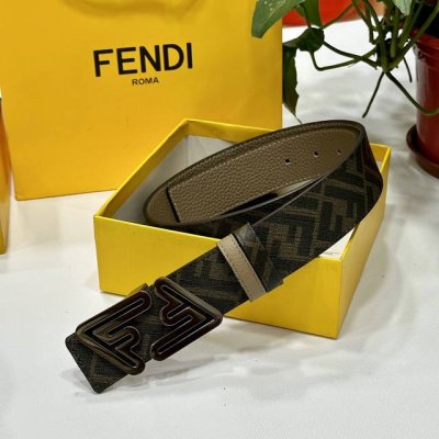 Fendi 芬迪 专柜同款 双环正反用腰带 Ff按钉搭扣 棕色cuoio Romano皮革材质 反面面料带有烟草黄和黑色ff图案 黑色珐琅金属饰面 时尚经典 百