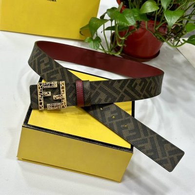 Fendi 芬迪 专柜同款 宽4.0Cm 双环正反用腰带 Ff按钉搭扣 红色Cuoio Romano皮革材质 反面面料带有烟草黄和黑色Ff图案 四方金属饰面 时