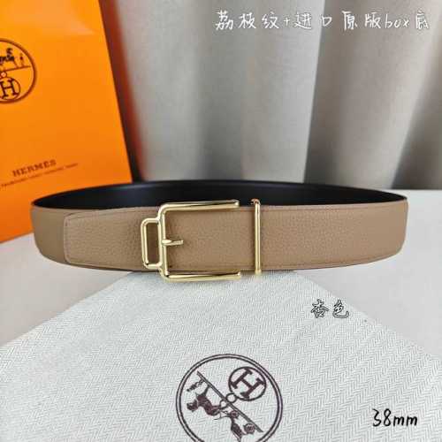 Hermè 爱马仕 双头尖 双面原版 原单品质 进口头层牛皮 杏色荔枝纹搭配黑色平纹 寸半38Mm 配H官网新款金 银 黑扣
