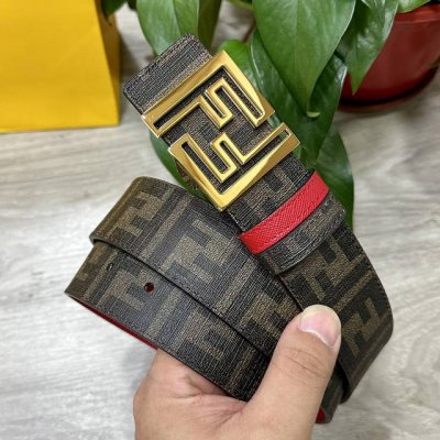 图片包装＋10 Fendi 芬迪 专柜同款 宽4.0Cm 双环正反用腰带 Ff按钉搭扣 红色Cuoio Romano皮革材质 反面面料带有烟草黄和黑色Ff图案