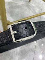 特 Gucci 古驰 进口牛皮革针扣 牛皮腰带黑色 宽4Cm 官网 得物 同款 压小花平尾 大孔款