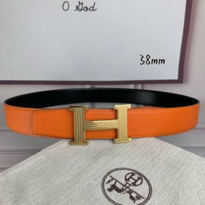 HermèS爱马仕 双头尖 双面原版 原单品质 进口头层牛皮 橙色荔枝纹搭配黑色平纹 寸半38Mm 配官网H马拉车雕刻纹亮面金 银扣