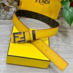 特 Fendi 芬迪 专柜同款 宽4.0Cm 双环正反用腰带 Ff按钉搭扣 双色cuoio Romano皮革材质 反面面料带有烟草黄和黑色ff图案 黑色珐琅金属