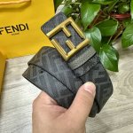 图片包装＋10 Fendi 芬迪 专柜同款 宽4.0Cm 双环正反用腰带 Ff按钉搭扣 灰色Cuoio Romano皮革材质 反面面料带有烟草黄和黑色Ff图案