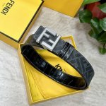 图片包装＋10 Fendi 芬迪 专柜同款 宽4.0Cm 双环正反用腰带 Ff按钉搭扣 黑色Cuoio Romano皮革材质 反面面料带有烟草黄和黑色Ff图案