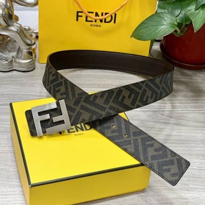 图片包装＋10 Fendi 芬迪 专柜同款 双环正反用腰带 Ff按钉搭扣 棕色cuoio Romano皮革材质 反面面料带有烟草黄和黑色ff图案 黑色珐琅金属饰