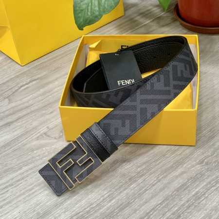 Fendi 芬迪 专柜同款 宽4.0Cm 双环正反用腰带 Ff按钉搭扣 黑色cuoio Romano皮革材质 反面面料带有烟草灰和黑色ff图案 黑色珐琅金属饰面 - 点击图像关闭
