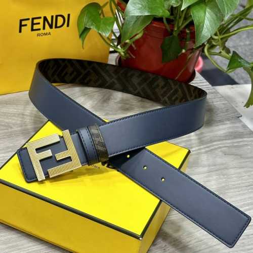 Fendi 芬迪 专柜同款 宽4.0Cm 双环正反用腰带 Ff按钉搭扣 兰色Cuoio Romano皮革材质 反面面料带有烟草黄和黑色Ff图案 四方金属饰面 时