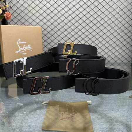 配包装盒3.8宽Christian Louboutin 男士Ricky标志性徽标搭扣黑色腰带黑底，双面牛皮。 - 点击图像关闭