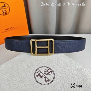 Hermè 爱马仕 双头尖 双面原版 原单品质 进口头层牛皮 深蓝色荔枝纹搭配黑色平纹 寸半38Mm 配官网H精钢金 银扣