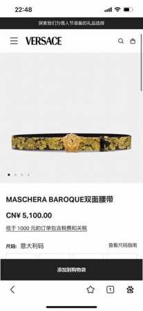 范思哲，宽4.0Cm，原单精品，3D美杜莎腰带扣-Barocco印花-材质，头层牛皮，此款光滑的Saffiano皮革腰带饰有Barocco印花。配有带3D美杜莎 - 点击图像关闭