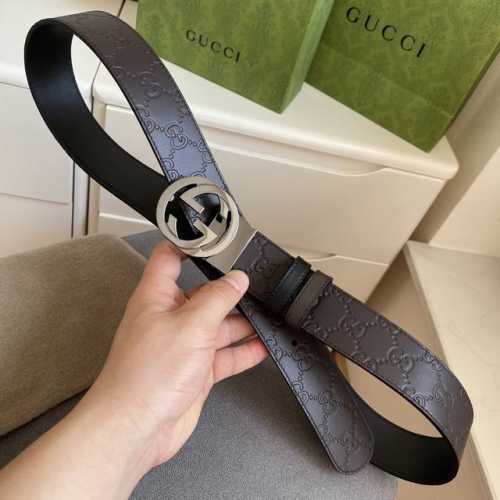 特 Gucci -古驰 宽： 3.7Cm 意大利原厂压花皮 黑咖双面可用 精品纯铜旋转扣 。