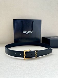 特 宽度3.0Cm Saint Laurent圣罗兰Ysl Monogram爆款粒面皮带搭配方扣窄腰带黑色女款
