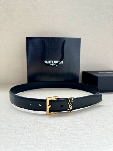 特 宽度3.0Cm Saint Laurent圣罗兰Ysl Monogram爆款粒面皮带搭配方扣窄腰带黑色女款