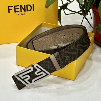 Fendi 芬迪 专柜同款 双环正反用腰带 Ff按钉搭扣 棕色cuoio Romano皮革材质 反面面料带有烟草黄和黑色ff图案 黑色珐琅金属饰面 时尚经典 百