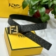 Fendi 芬迪 专柜同款 宽4.0Cm 双环正反用腰带 Ff按钉搭扣 黑色Cuoio Romano皮革材质 反面面料带有烟草黄和黑色Ff图案 四方金属饰面 时