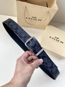 宽度3.8Cm Coach 这款双面腰带一面为经典标志帆布材质，另一面为精制皮革材质，配有标志性扣件，将两种外形合二为一。通过简单的说明，可用剪刀剪裁至完美合身