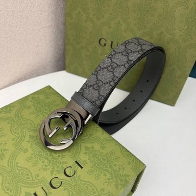 G U C C I 頂級品质 寬度3.7Cm一面專用訂製灰色帆布面料 衬托原厂猪皮纹灰色底 全新開模旋轉精密電鍍搭扣 对版专柜