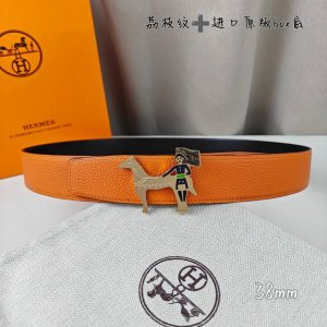 特 HermèS爱马仕 双头尖 双面原版 原单品质 进口头层牛皮 橙色 荔枝纹搭配黑色平纹 寸半38Mm 配官网新款H金 银扣