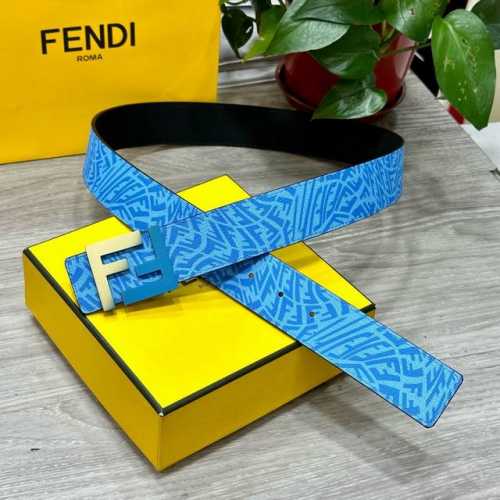 Fendl芬迪专柜同款 宽40Mm原版定制天蓝色Ffvertigo图案皮料 搭配Ff按钉钢扣 时尚潮流 经典百搭款