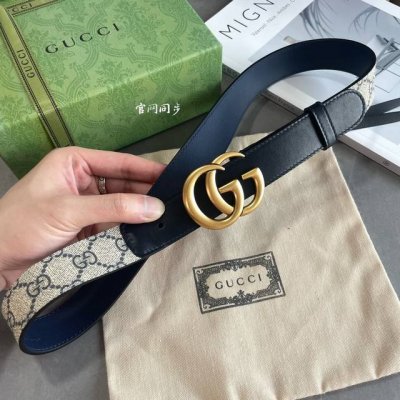 今年最时尚蓝系列 Gucci小牛皮拼接Gg Supreme 老花帆布，对版3孔调节，横标Logo编号:625839 92Tlt宽3.0Cm 复古Gg扣