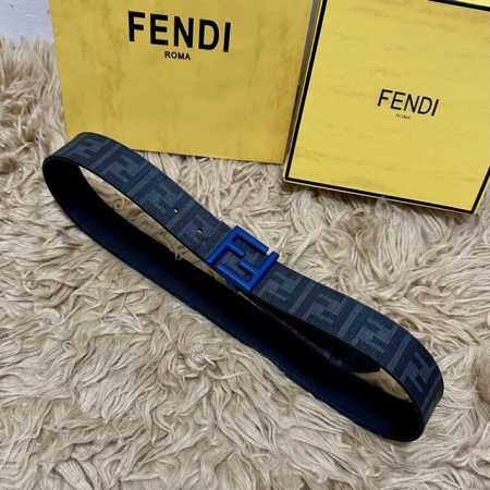 Fendi 芬迪 全套包装 专柜同款 宽4.0Cm 双环正反用腰带 Ff按钉搭扣 黑色Cuoio Romano皮革材质 反面面料带有烟草黄和黑色Ff图案 四方金 - 点击图像关闭