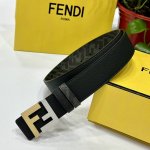 图片包装 Fendi 芬迪 专柜同款 宽4.0Cm 双环正反用腰带 Ff按钉搭扣 黑色Cuoio Romano皮革材质 反面面料带有烟草黄和黑色Ff图案 四方金