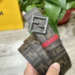 图片包装＋10 Fendi 芬迪 专柜同款 宽4.0Cm 双环正反用腰带 Ff按钉搭扣 红色Cuoio Romano皮革材质 反面面料带有烟草黄和黑色Ff图案