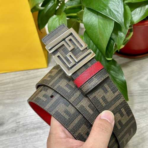 图片包装＋10 Fendi 芬迪 专柜同款 宽4.0Cm 双环正反用腰带 Ff按钉搭扣 红色Cuoio Romano皮革材质 反面面料带有烟草黄和黑色Ff图案
