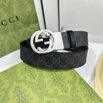 特 Gucci 473030 Kgdhhn 黑灰Supreme Pvc老花 小牛皮黑底 宽度3.7Cm 圆双G旋转扣 双面可用 可裁剪