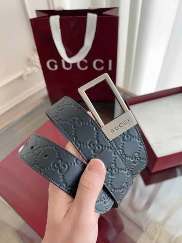 绝美Gucci 方扣男士新款腰帶 專櫃同步 寬3.5厘米 帶身经典压花-拼進口硅胶底黑色 精緻真空電鍍雙G鋼扣 雙面可用