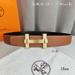特 Herm 爱马仕 双头尖 双面原版 原单品质 进口头层牛皮 土黄色荔枝纹搭配黑色平纹 寸半38Mm 配H官网新款拉丝金 银 黑扣