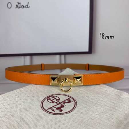 HermèS 爱马仕女款金字塔腰带，进口手掌纹，橙色＋E土黄色平纹底，配原单钢扣，带身18Mm宽，腰围大小可调节 - 点击图像关闭